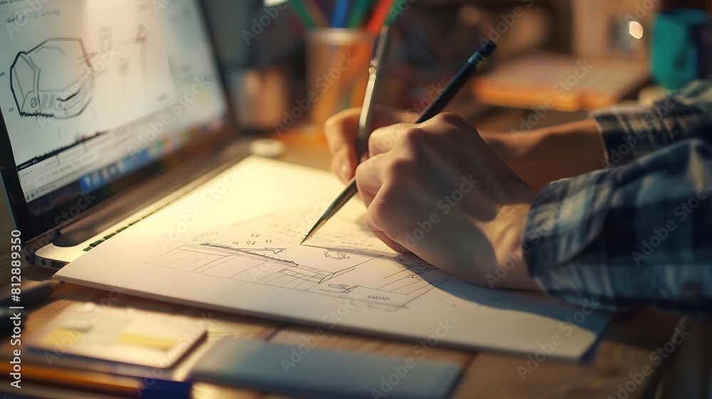 Fototapete Website designer creates a sketch application Developing a project drawing an interface mockup : Generative AI