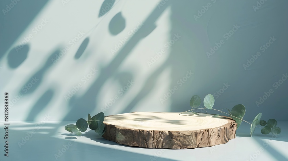 Poster Abstract empty Wood slice podium with eucalyptus leaves and shadows on blue background Mock up stand for product presentation 3D Render Minimal concept Advertising template : Generative AI