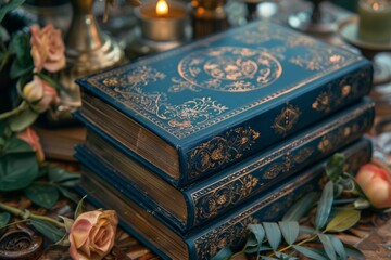 A vintage library scene featuring old books with weathered covers and yellowed pages.