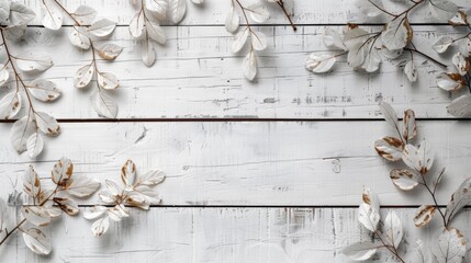 Whitewashed wooden background with a border of delicate cream colored flowers.