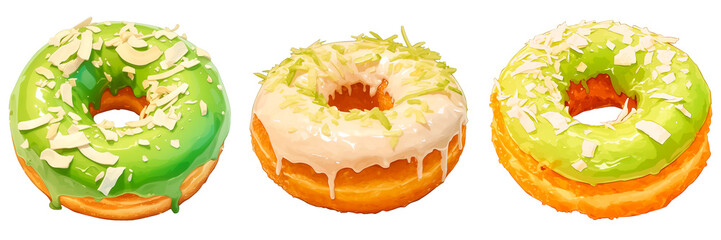 A set of white and lime glazed doughnuts adorned with coconut chips. Isolated transparent PNG background. Appetizing illustration, perfect for a delicious treat or a bakery display.