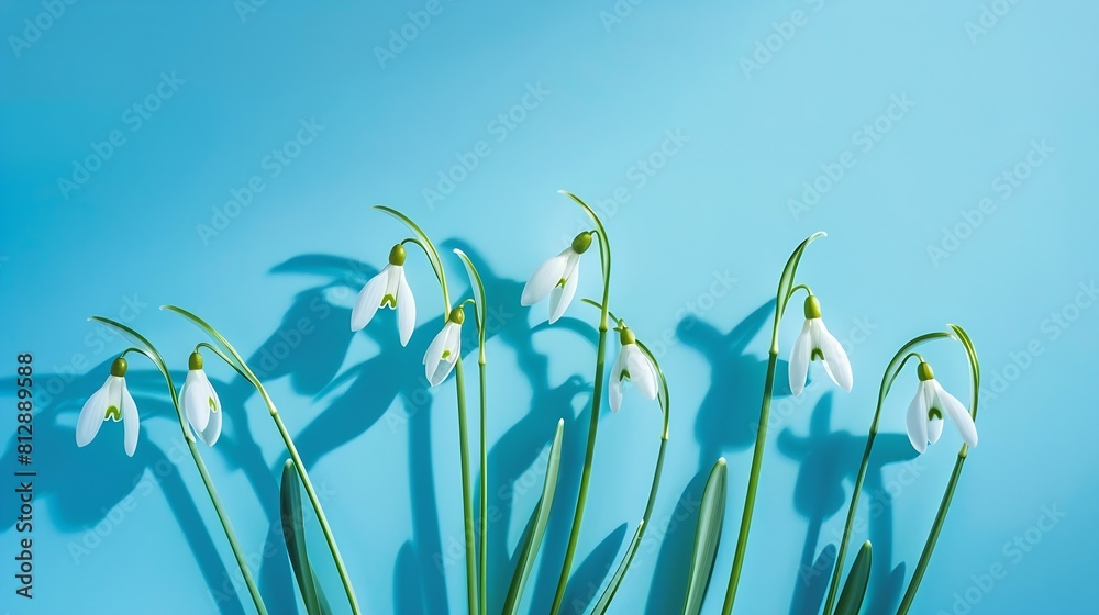 Poster Composition with snowdrop flowers on color background Creative layout made with snowdrop flowers on bright blue background Flat lay Spring minimal concept : Generative AI