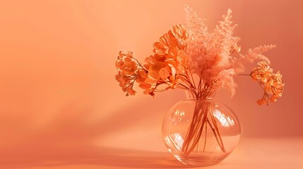 Peach fuzz is the color of the year 2024 Frame glass vase and dry flowers toned in fashion blended pinkorange trendsetting colour of year Peach Fuzz : Generative AI