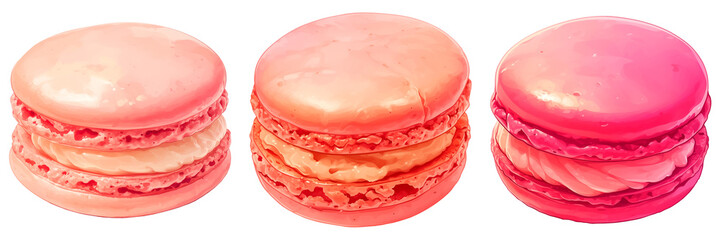 Set of Colorful 2D cartoon icons of pink macaroons isolated on a transparent background. Perfect for game design and culinary apps.