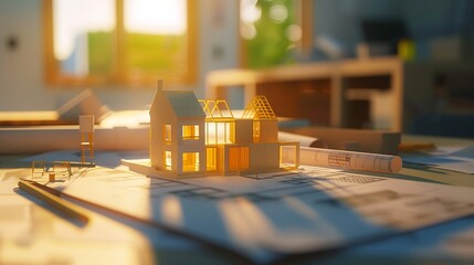 Construction housing project real estate concept Residential building blueprint plans Architect engineer office desk copy space template : Generative AI