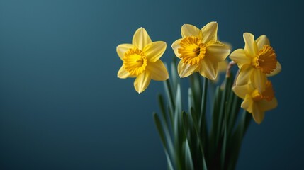 A vibrant image of a bunch of yellow daffodils against a dark blue background suggesting contrast and freshness