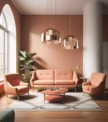 Modern interior design of living room with sofa, armchairs and coffee table in peach color. minimalistic scandinavian style