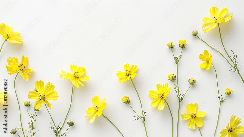 Poster flowers composition yellow flowers on white background spring easter concept flat lay top view copy 