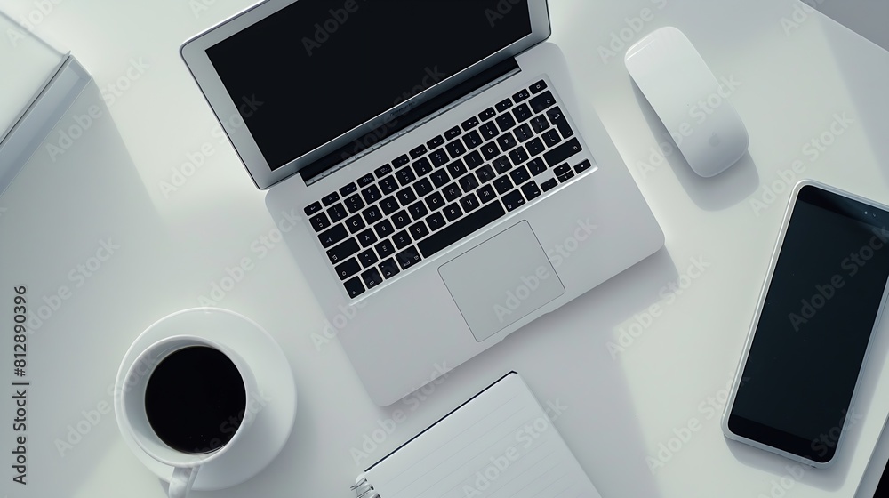 Aufkleber Modern white office desk table with laptop computer smartphone with black screen over a notebook and cup of coffee Top view with copy space flat lay : Generative AI