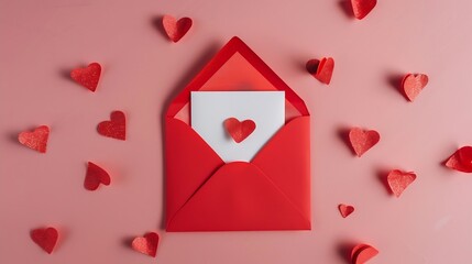 Red paper envelope with blank white note mockup inside and Valentines hearts on pink background Flat lay top view Romantic love letter for Valentines day concept : Generative AI
