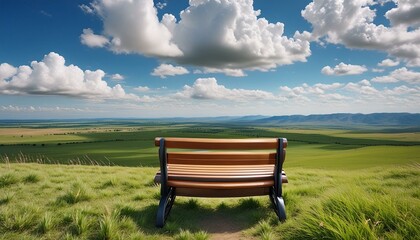 The view of the vast grassland and clouds is beautiful and there is a seat pointing towards me, the seat is closerAnime Style - obrazy, fototapety, plakaty