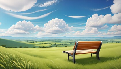 The view of the vast grassland and clouds is beautiful and there is a seat pointing towards me, the seat is closerAnime Style - obrazy, fototapety, plakaty