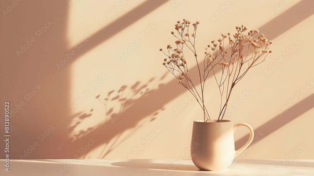 Poster creative composition of white vase with dry flowers and cup of coffee on brown and pastel beige back