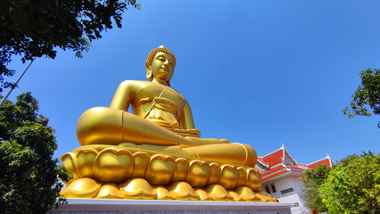 Big Golden Buddha Dhammakaya Tep Mongkol Buddha at Paknam Bhasicharoen temple or Wat Paknam Bhasicharoen in Bangkok Thailand - Landmark Famous sculpture statue in Thailand Temple