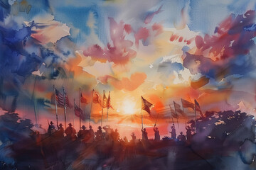 Obraz premium Independence Day celebration. Watercolor of soldiers with flags at sunset, depicted in a dramatic silhouette.