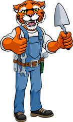 A tiger bricklayer builder construction worker mascot cartoon character holding a trowel tool and giving a thumbs up