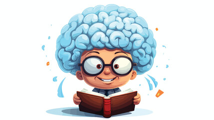 Funny smiling brain in round glasses reading a book