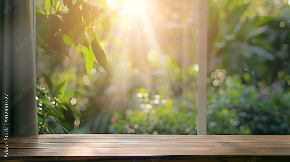 Poster selective focusEmpty of wood table top on blur of curtain window and abstract green from garden with sunlight For montage product display or design key visual layout : Generative AI
