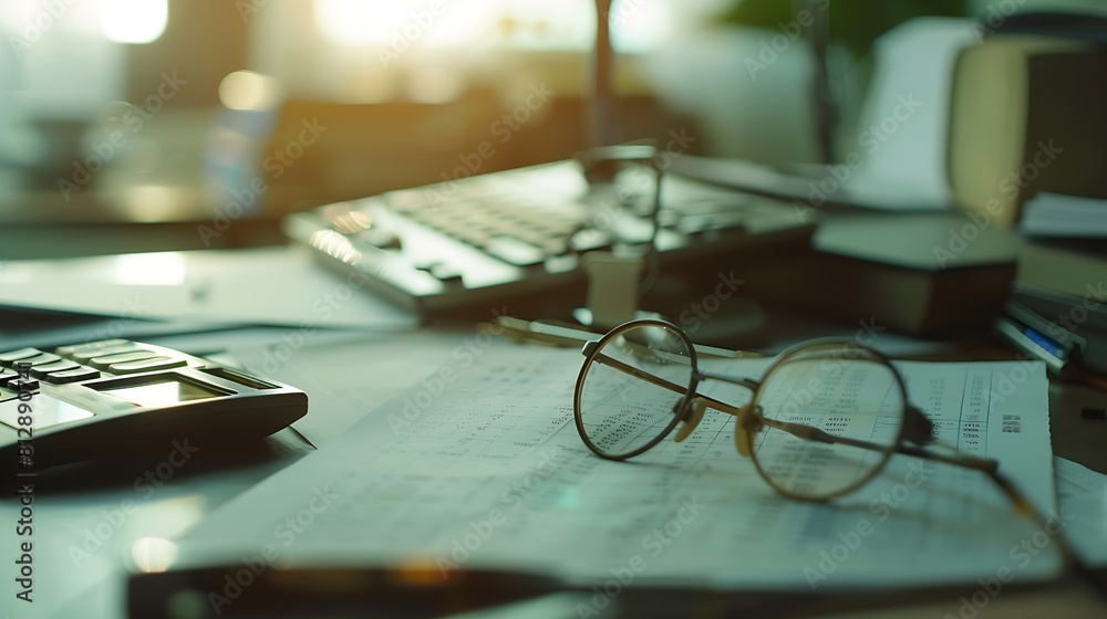 Aufkleber desk of bookkeeper with balance sheet and calculator on desk focused on eyeglass nobody : generative