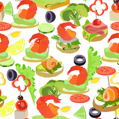 Appetizer food. Buffet products served on sticks meat and fish snacks. Sandwich canape with ham, cheese, sausage, salmon, shrimp, olives, cucumber, tomato, lettuce. Seamless vector illustration