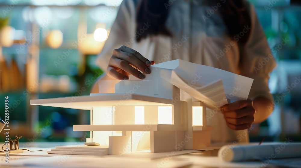 Poster A female architect holding and working on an architecture house model with shop drawing paper in the office : Generative AI