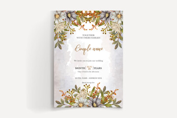 WEDDING INVITATION FRAME WITH FLOWER DECORATIONS AND FRESH LEAVES