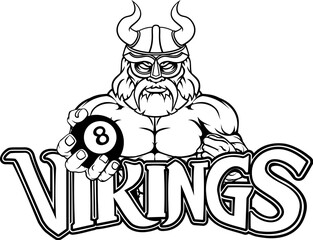 A viking angry mean pool billiards mascot cartoon character holding a black 8 ball.