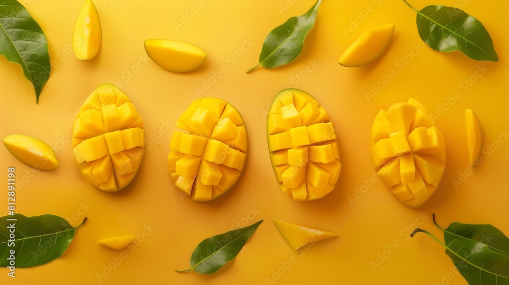 Poster creative layout made of mango flat lay food concept macro concept yellow background : generative ai