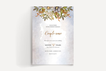 WEDDING INVITATION FRAME WITH FLOWER DECORATIONS AND FRESH LEAVES