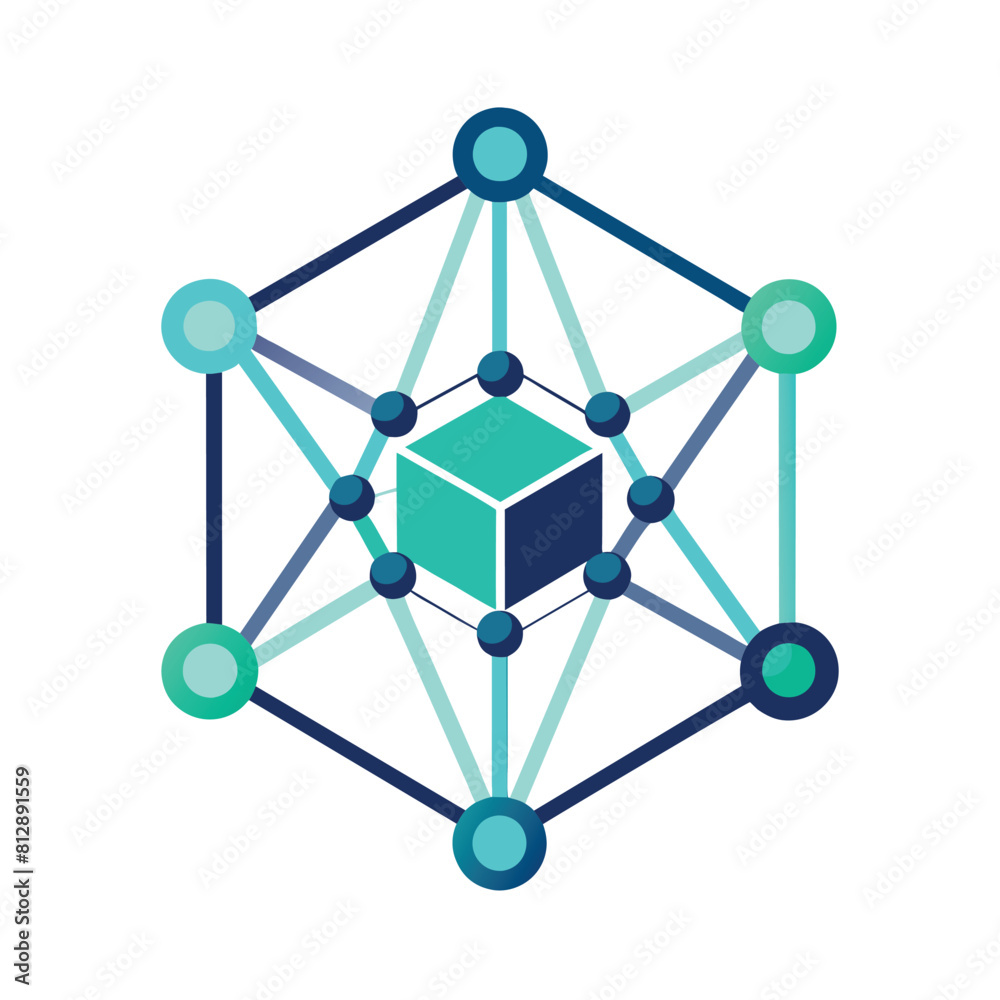 Poster a cube is surrounded by interconnected circles and dots representing network connectivity, geometric
