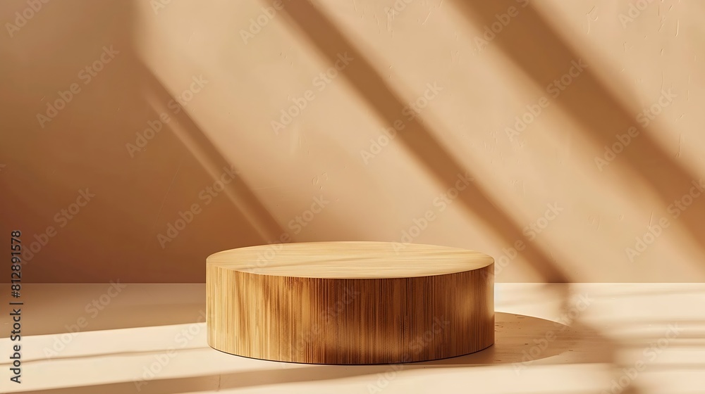 Aufkleber Round wooden saw cut cylinder shape on beige background abstract background Minimal box and geometric podium Scene with geometrical forms Empty showcase for eco cosmetic product presen : Generative AI