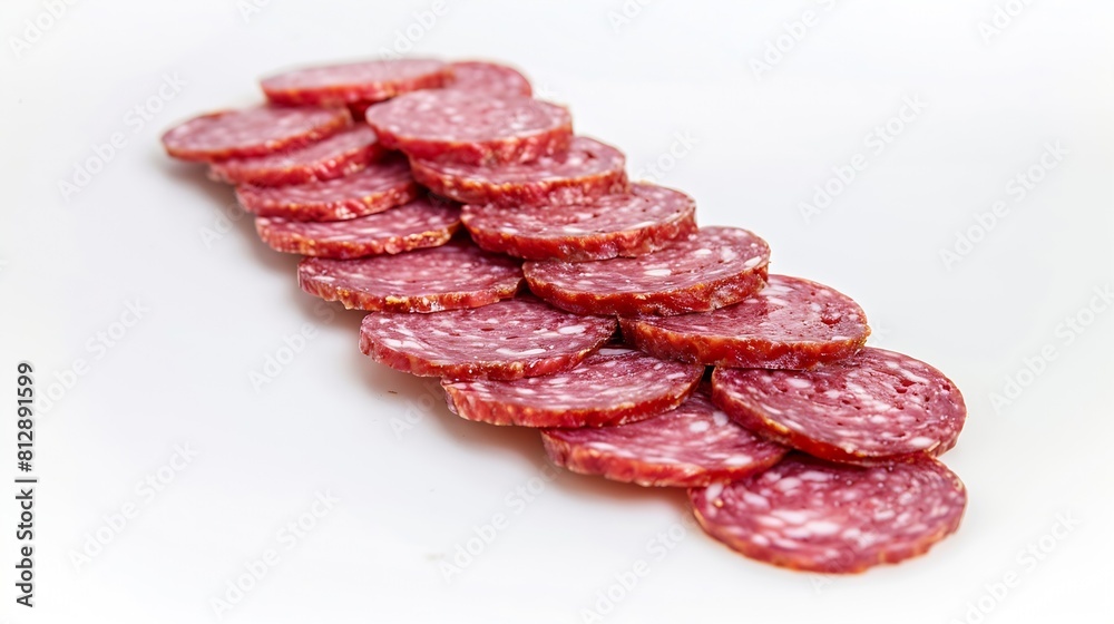 Poster salami sausage slices isolated on white background pieces of sliced salami sausage laid out to creat