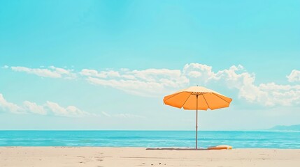 Fototapeta premium Minimal summer holidays vacation concept Beach umbrella beach towel on sand in front of blue sky and sea Chilling lounging on the beach : Generative AI
