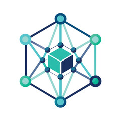 A cube is surrounded by interconnected circles and dots representing network connectivity, Geometric shapes representing network connectivity, minimalist logo