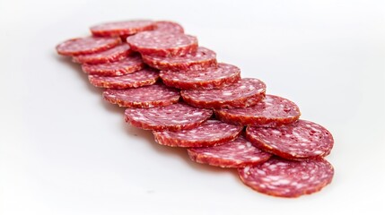 salami sausage slices isolated on white background pieces of sliced salami sausage laid out to create layout : Generative AI