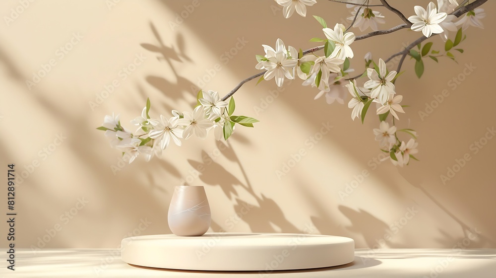 Poster geometric podium platform stand for product presentation and spring flowering tree branch with white