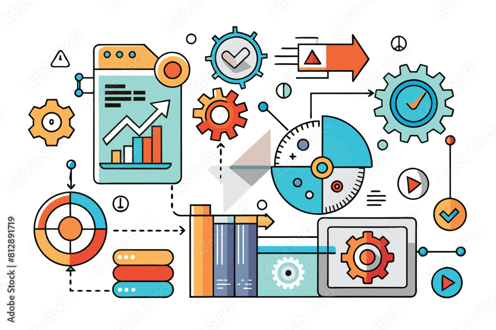 Poster a computer screen encircled by various icons, representing different functions and applications, a m