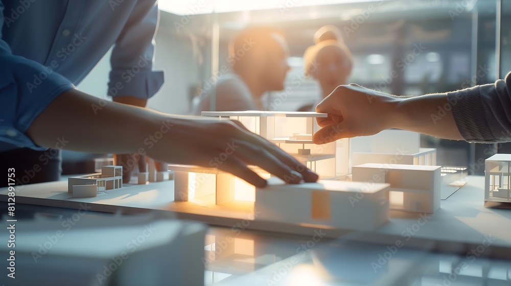 Poster Creative people hands and real estate with 3d model of building design architecture or property at office Closeup of group architect team in meeting project planning or floor layout at : Generative AI