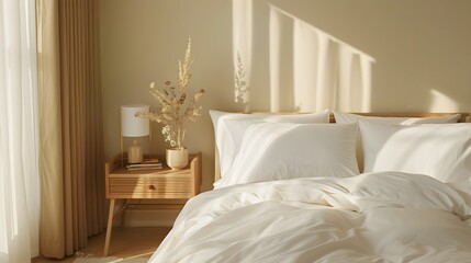Elegant Bedroom with Soft and Luxurious Bedding in a Serene Natural Lighting Setting