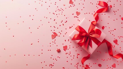 Happy Valentines day concept Creative layout with red ribbon gift box greeting card confetti on pink background Top view flat lay : Generative AI
