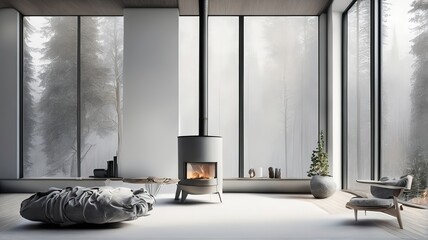 Modern living room design with fire place and winter mirror view