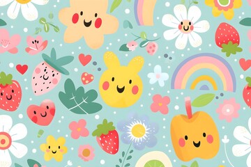 a cute colourful pattern of flowers with smiley faces, fruit, love hearts and rainbows. Pastel tones