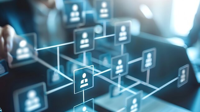 Organization chart with hierarchy structure of teams and employees in company Business process and workflow automation with flowchart Business and technology concept : Generative AI
