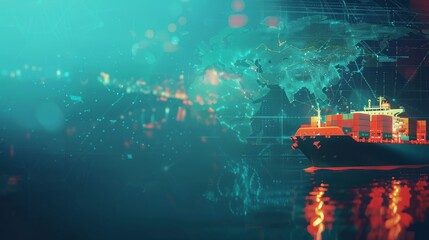 A stylized image showing a cargo ship at sea with a digital overlay of a world map, symbolizing global trade and technology