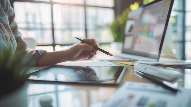 Cropped view of designer planning ux interface of website and using graphics tablet and laptop on table : Generative AI