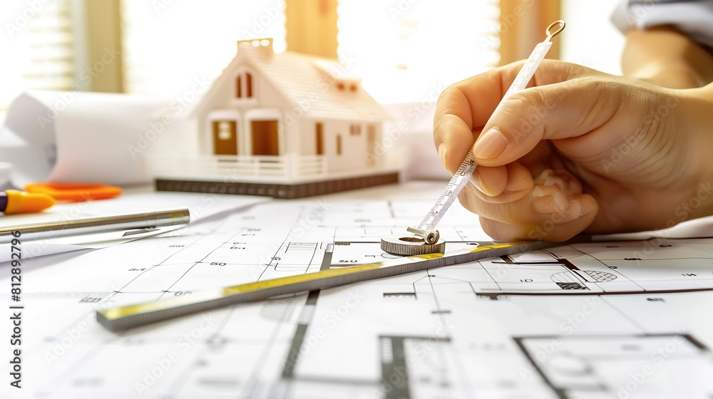 Aufkleber business architecture building construction and people concept  close up of architect hands with compass measuring living house blueprint : Generative AI
