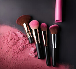 Make up brushes with pink face powder against dark background