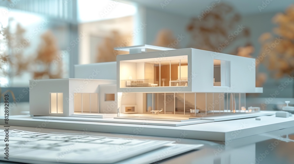 Poster residential building project architectural design blueprint plans and house model banner : generativ