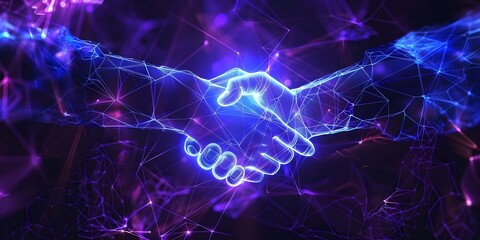 Digital Artwork: Glowing Blue Business Handshake in Low-Polygon Wireframe Style. Concept Graphic Design, Business Networking, Digital Art, Low-Polygon Style, Glowing Effect