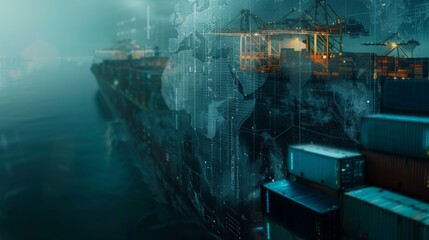 A vivid portrayal of a modern cargo port enhanced with digital graphics symbolizing global trade and data connectivity